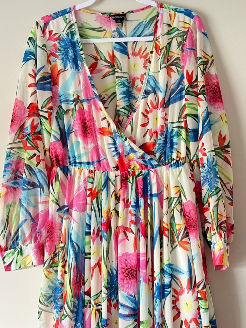HAODUOYI Floral Wrap Maxi Dress in Cream, Pink and Blue - Picture 4 of 14